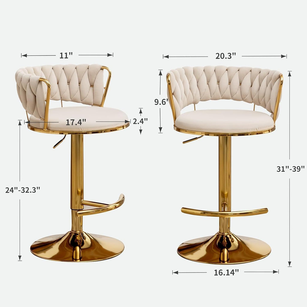 Gold Bar Stools Set of 3, Counter Height Bar Chairs with Low Back, Velvet Adjustable Height Barstools, 360° Swivel Bar Stools for Kitchen Island, Pub (Beige)
