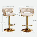 Gold Bar Stools Set of 3, Counter Height Bar Chairs with Low Back, Velvet Adjustable Height Barstools, 360° Swivel Bar Stools for Kitchen Island, Pub (Beige)