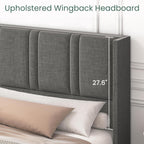 LARMACE King Size Bed Frame with Storage Drawers and Wingback Headboard, Linen Upholstered Platform Bed Frame with Wooden Slats, Easy Assembly, Light Grey