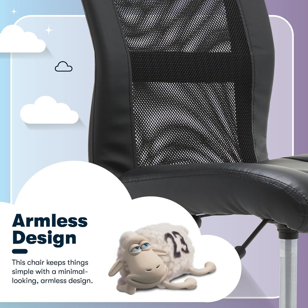 Serta Essential Armless TaskChair, Small Desk Chairs with Wheels, Breathable Mesh Back and Faux Leather, Quality Foam Cushion Seat for Comfort, Minimal Design for Vanity Table, Black