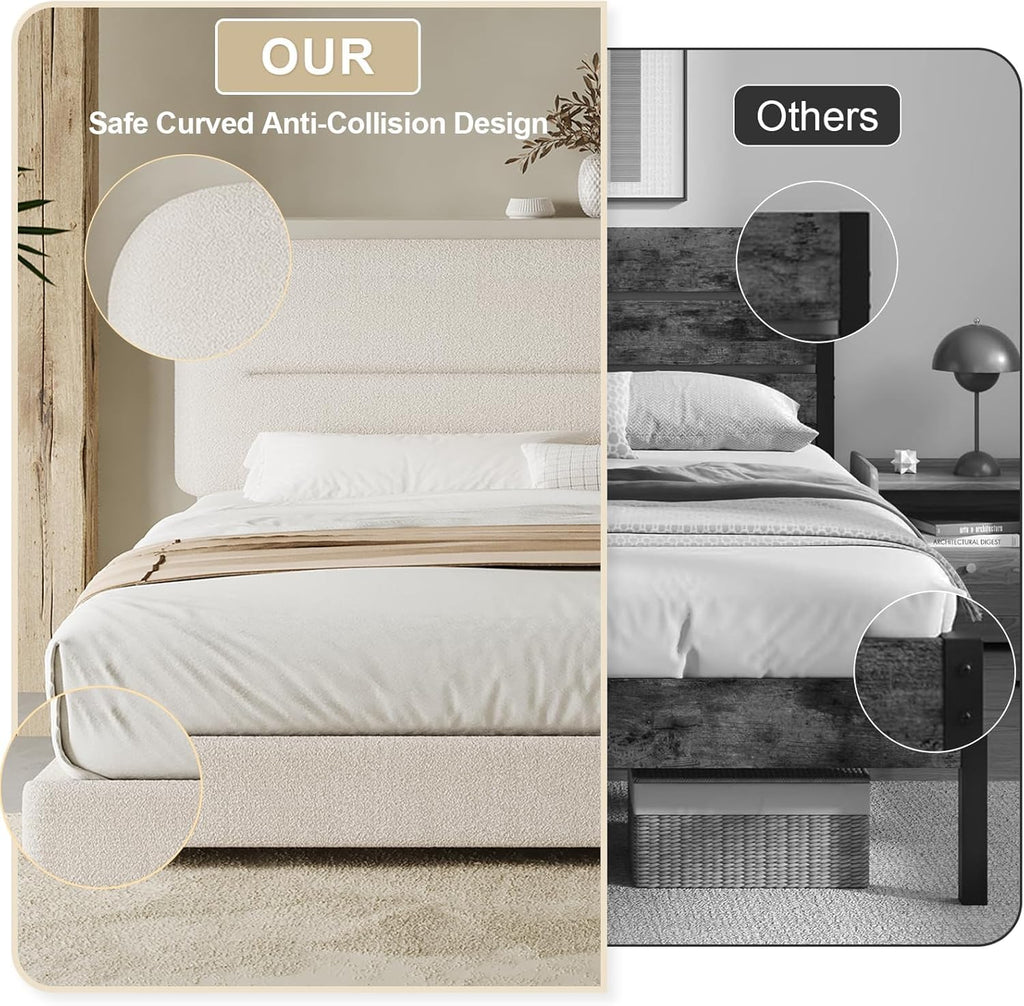 HOMBCK Queen Bed Frame with Headboard, Boucle Upholstered Soft Platform Bed Frame with Thickened Footboard, Rounded Corners Design, No Box Spring Required, Easy Assembly, Cream