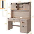 Farmhouse 67" H Executive Desk with Fluted Drawers,4 Drawers Fluted Computer Desk with LED Light,Charging Hub,Wood Workstation with Hutch and Sliding Barn Doors for Work and Study