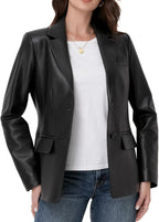 SILVER FASHIONS Lambskin Leather Jacket Women,Long Sleeve Button Front Leather Blazer,Notched Lapel Casual Style,Vent Detail