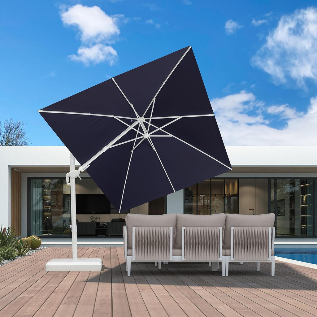 PURPLE LEAF 8' X 11.5' Right-left Tilt Patio Umbrella Swivel White Cantilever Umbrella with Tilt Aluminum Outdoor Umbrella with 360° Rotation for Deck Pool Garden, Navy Blue
