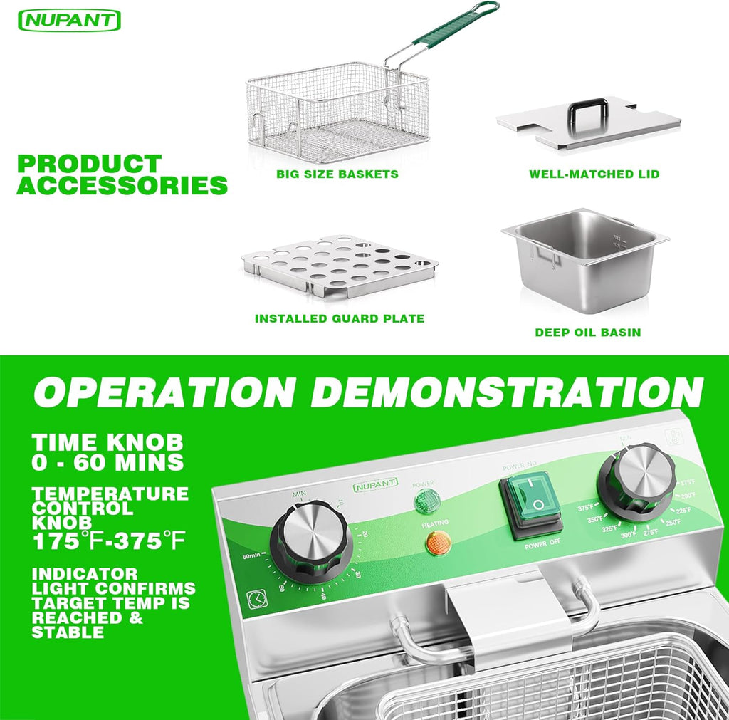 NUPANT Electric Deep Fryer with Timer 10L/10.6QT Commercial Deep Fryer with Basket and Lid, Temp Control, 1700W/110V Stainless Steel Single Oil Fryer Countertop Fryer for Home and Restaurant Use