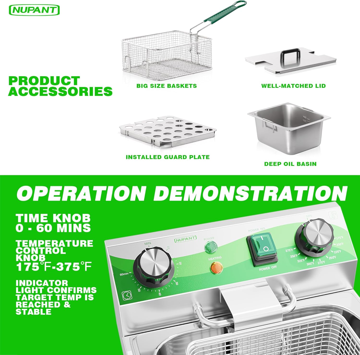 NUPANT Electric Deep Fryer with Timer 10L/10.6QT Commercial Deep Fryer with Basket and Lid, Temp Control, 1700W/110V Stainless Steel Single Oil Fryer Countertop Fryer for Home and Restaurant Use