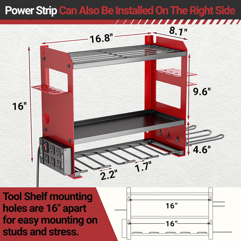 YYR Power Tool Organizer Wall Mount with Charging Station, Cordless Tools Hanger and Battery Storage Rack for Garage Organization, Heavy Duty Drill Holder Shelf Build in Metal Power Strip - Red
