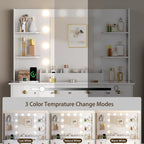 HUANLEGO Vanity Desk with Mirror and Lights, Makeup Vanity with Mirror and LED Lights & Power Outlet, 3 Drawers and Cabinets, 3 Lighting Modes Dressing Table Set for Girls Women Bedroom, White