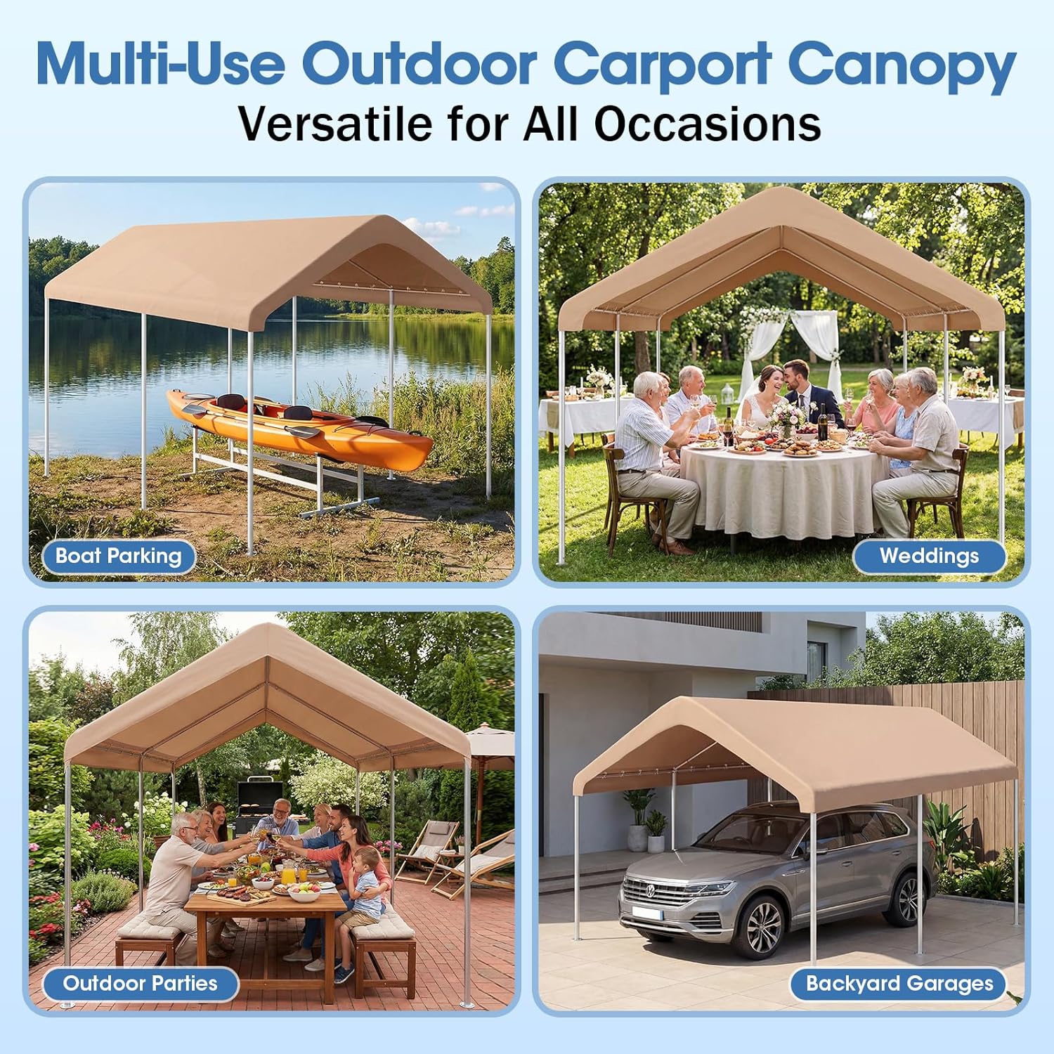 10x20FT Canopy Replacement Cover, Carport Replacement Canopy for 10' x 20' Frame, 800D Oxford Waterproof & UV Protected Tarp with Ball Bungees (Frame is not Included) (Beige)