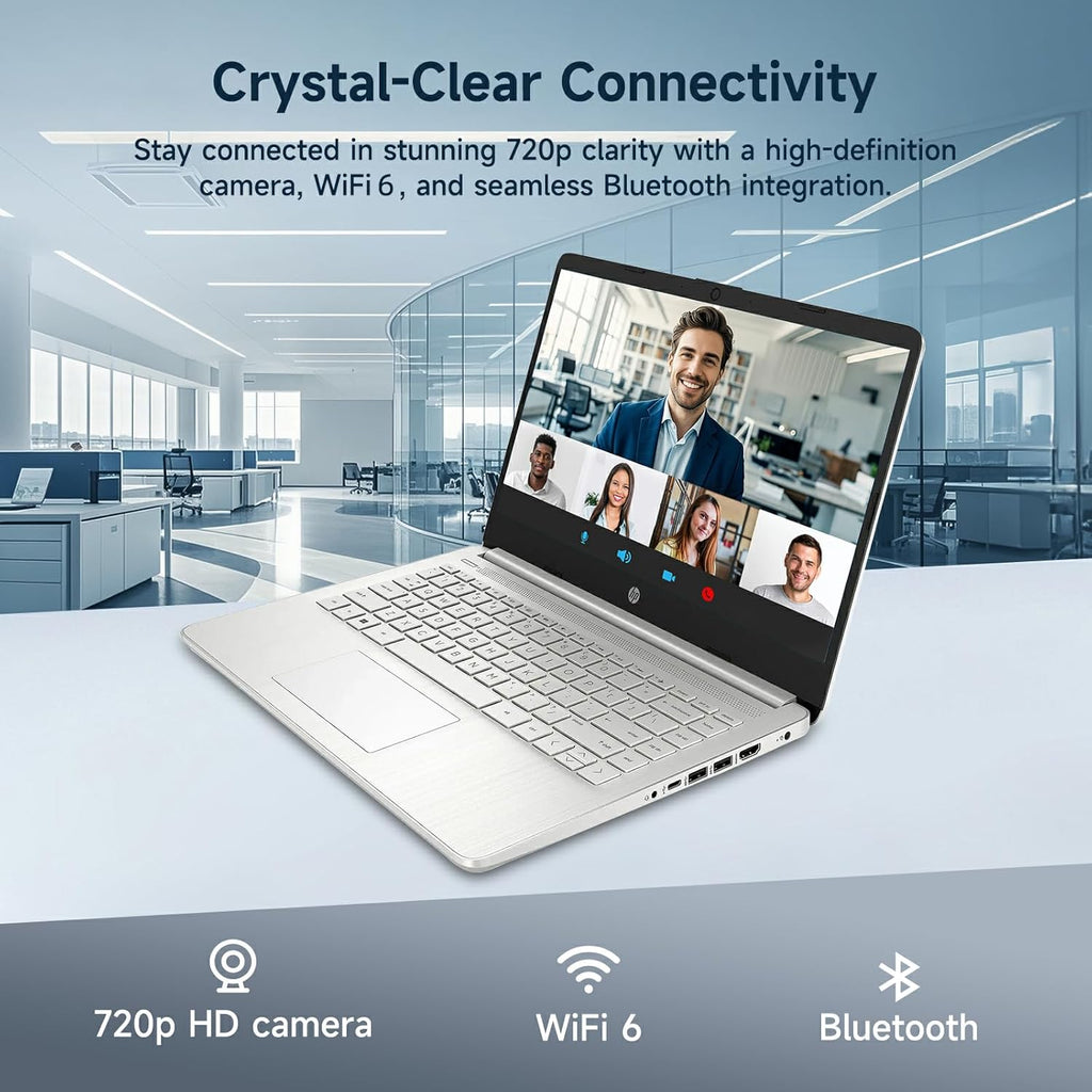HP 14 Student-Laptop Back to School  Quad-Core Processor (Up to 3.6GHz) 8GB RAM 192GB Storage(128GB UFS + 64GB SD Card) Laptops for Student with 1-Year Office 365 Copilot AI Win11  Natural Silver