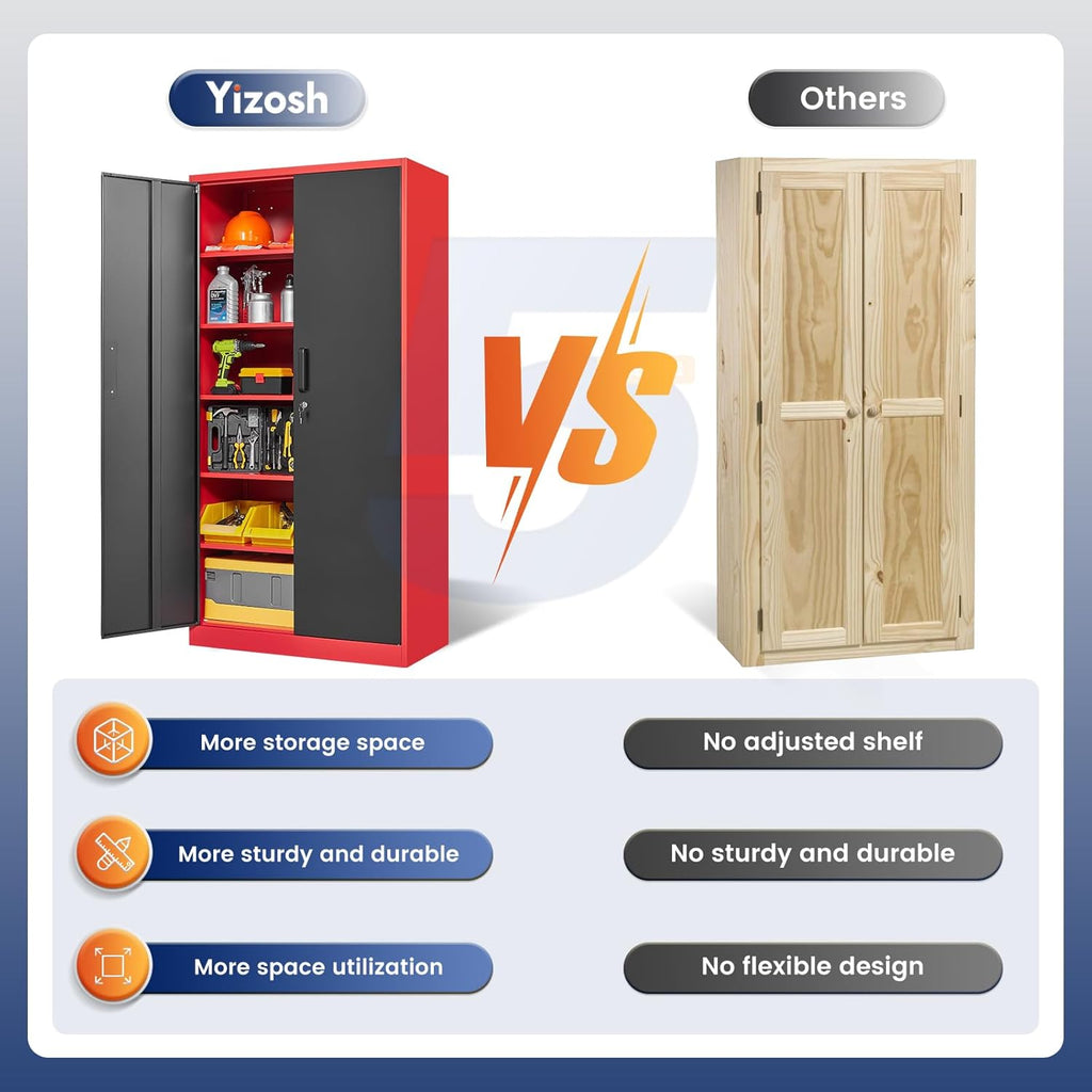 Yizosh Metal Storage Cabinet with Lock Doors and 5 Adjustable Shelves,- 72" Garage Storage Cabinet for Home,Office,Garage,School