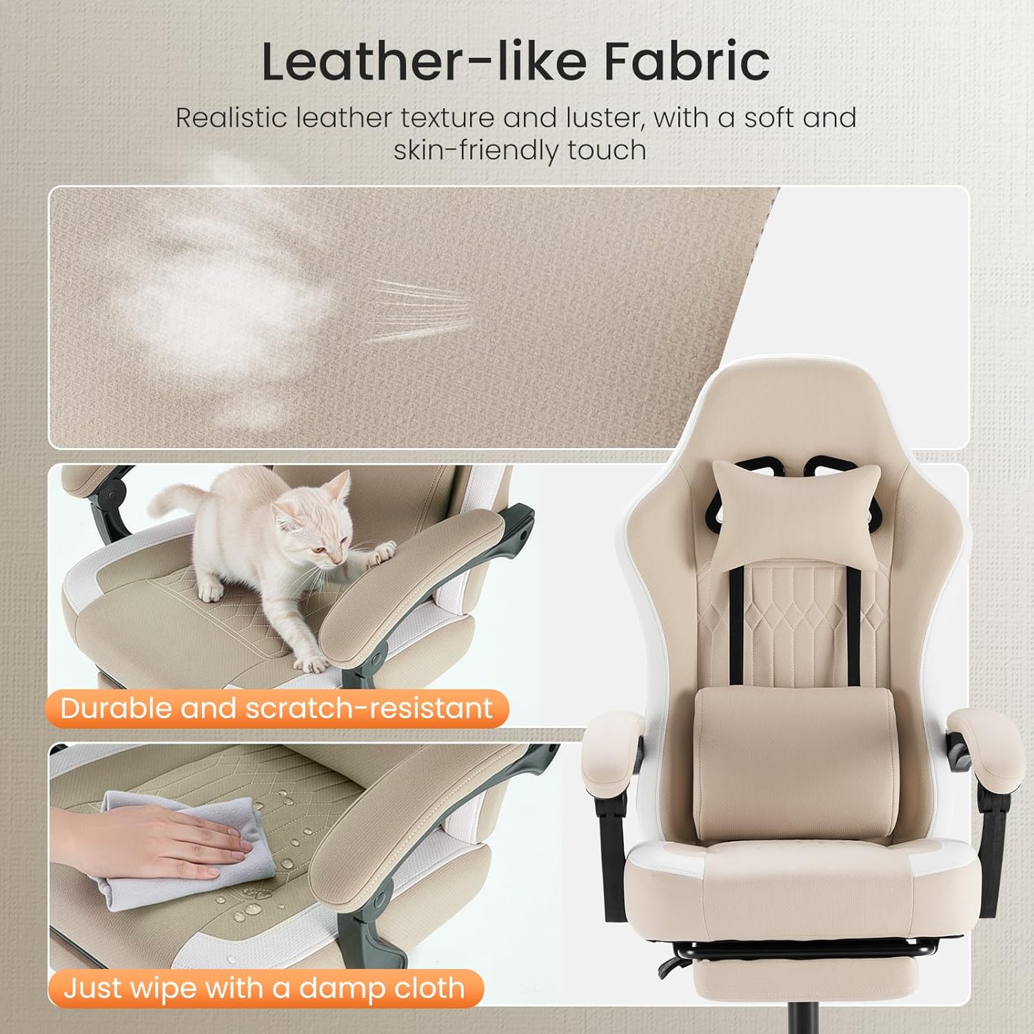 Sweetcrispy Computer Gaming Chair - High Back Ergonomic Desk Chair with Footrest and Lumbar Support, Height Adjustable Task Chair with Linkage Armrests and Headrest, 360°Wheels, Fabric, Khaki