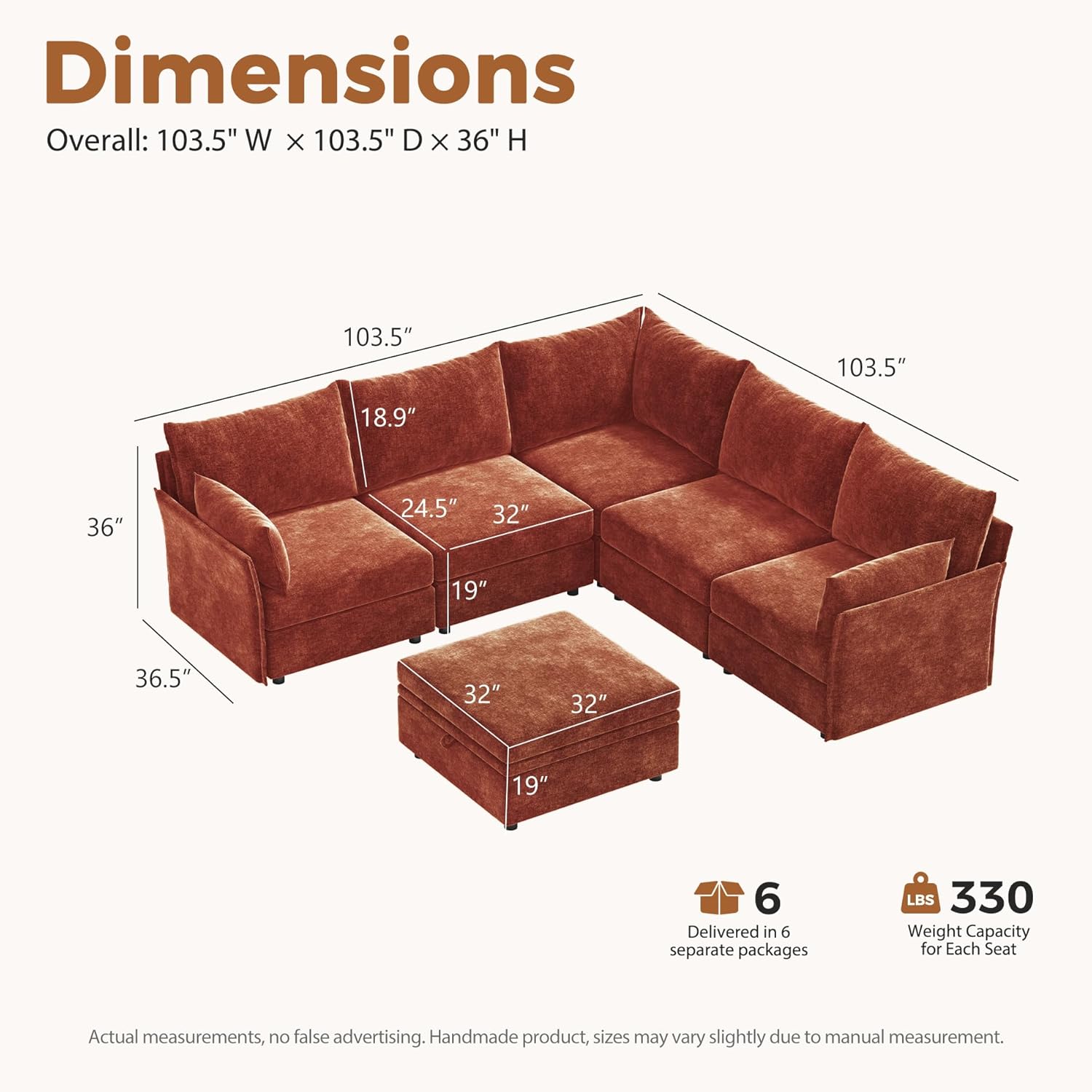 ABCASA 103.5" Oversized Modular Sectional Sofa, L Shaped Convertible Couch with Movable Ottoman, Large 6 Seat Corner Couches for Living Room Deep Seat- Terracotta Orange Chenille