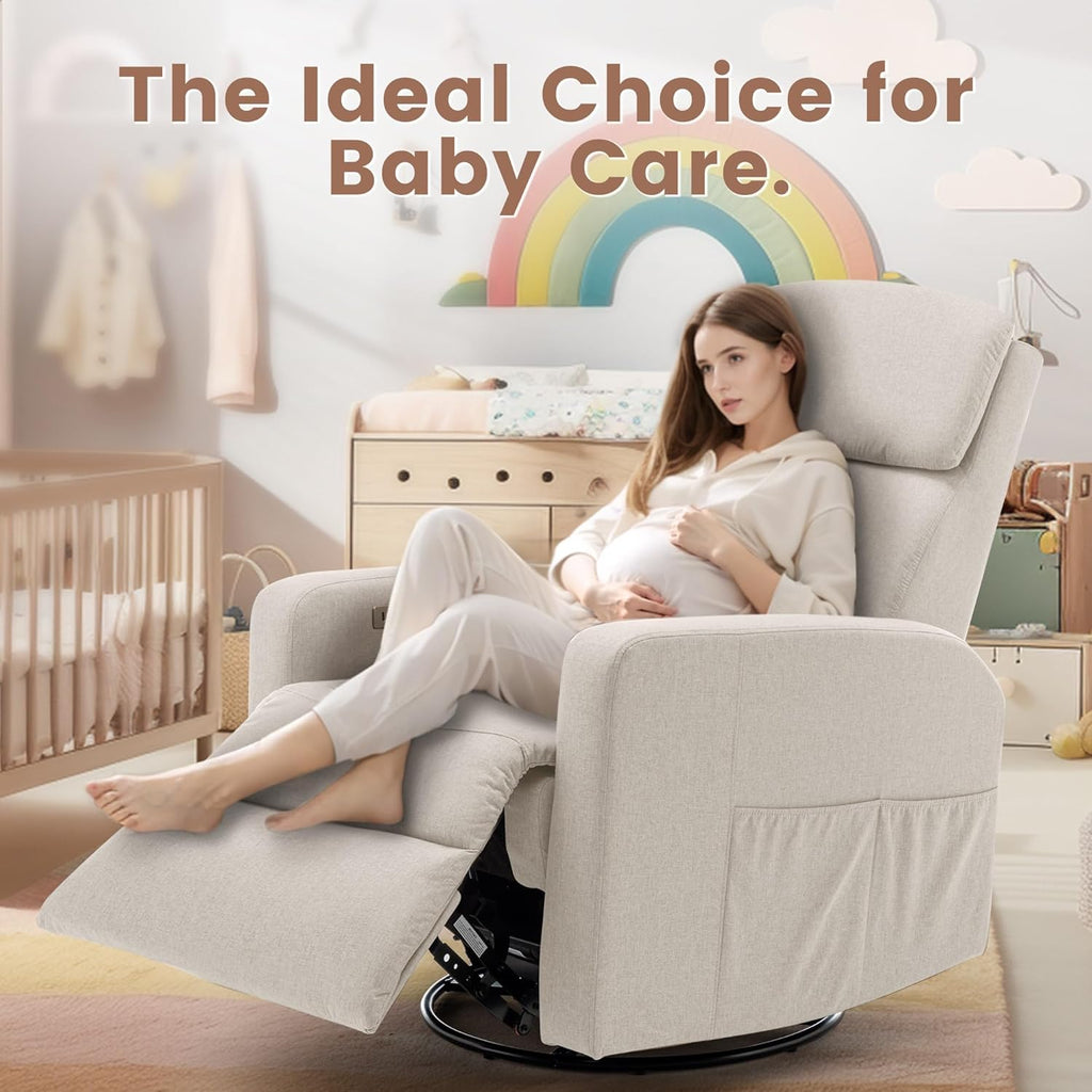 Power Swivel Recliner Chairs for Adults, Electric Glider Rocking Chair Nursery, Glider Recliner Nursery Chair with Classified Side Pocket, Nursery Rocking Chairs with USB and Type-C Ports