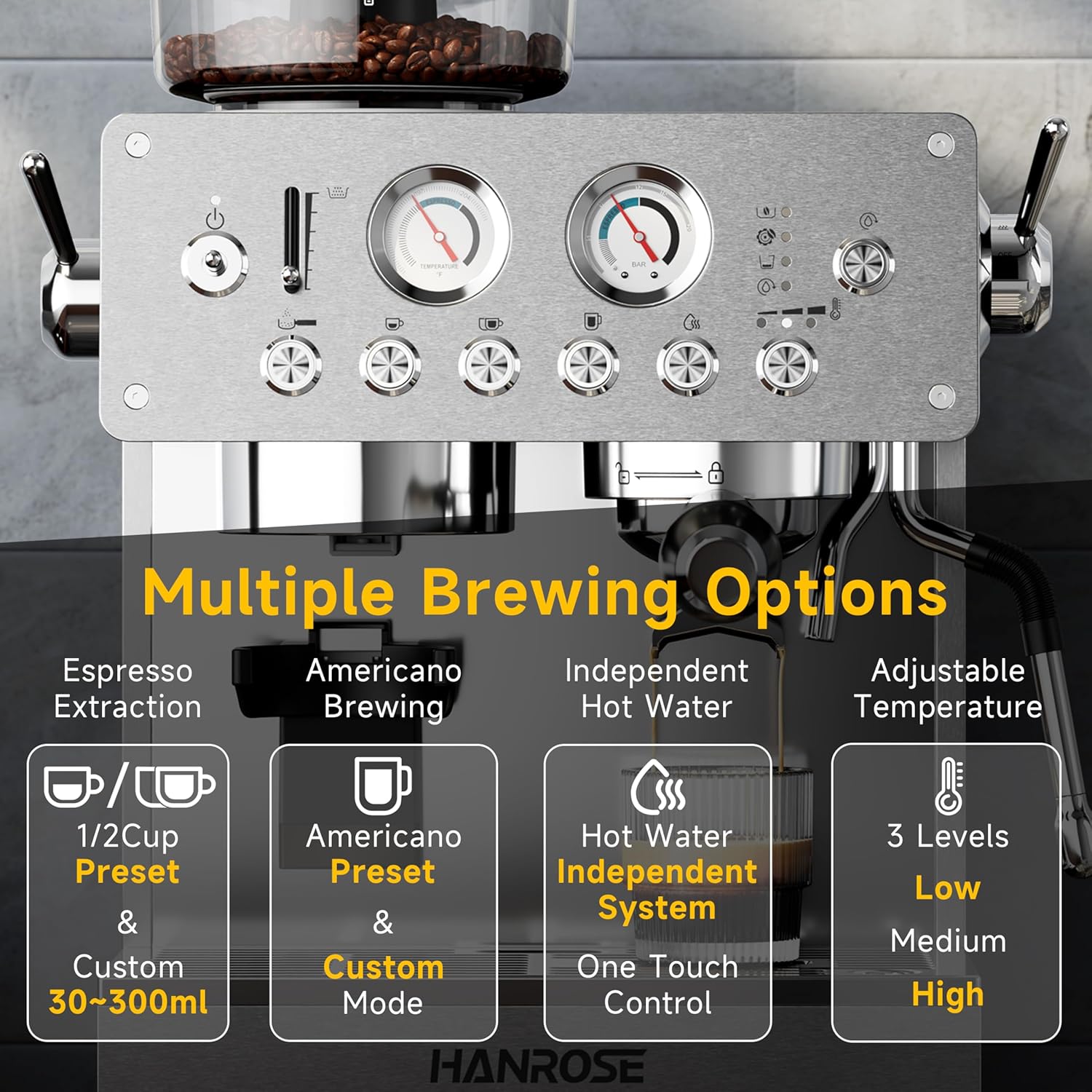 Espresso Machine with Grinder, 20Bar Espresso Machine Stainless Steel, Coffee Machine with Milk Frother for Latte/Cappuccino, Adjustable Temperature, Independent Hot Water & Americano Function