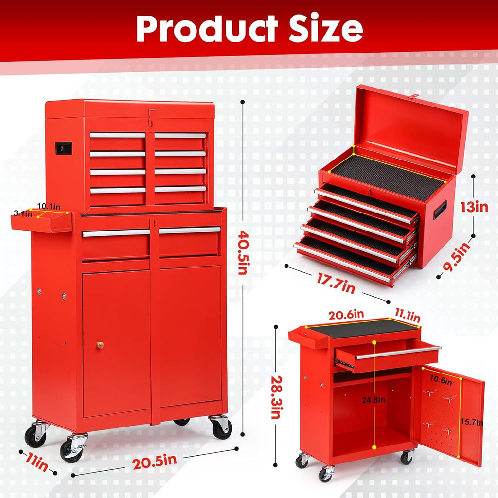 5-Drawer Rolling Tool Chest – 2-in-1 Lockable Tool Box with Wheels, Sliding Drawers & Detachable Top – Garage & Workshop Storage Cabinet, Red
