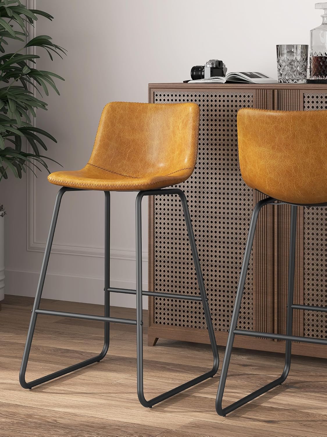 Bar Stools Set of 4, 26 Inches Counter Height Bar Stools with Back, Modern Faux Leather Barstools with Metal Legs and Footrest, Bar Chairs for Kitchens Island (Whiskey Brown)