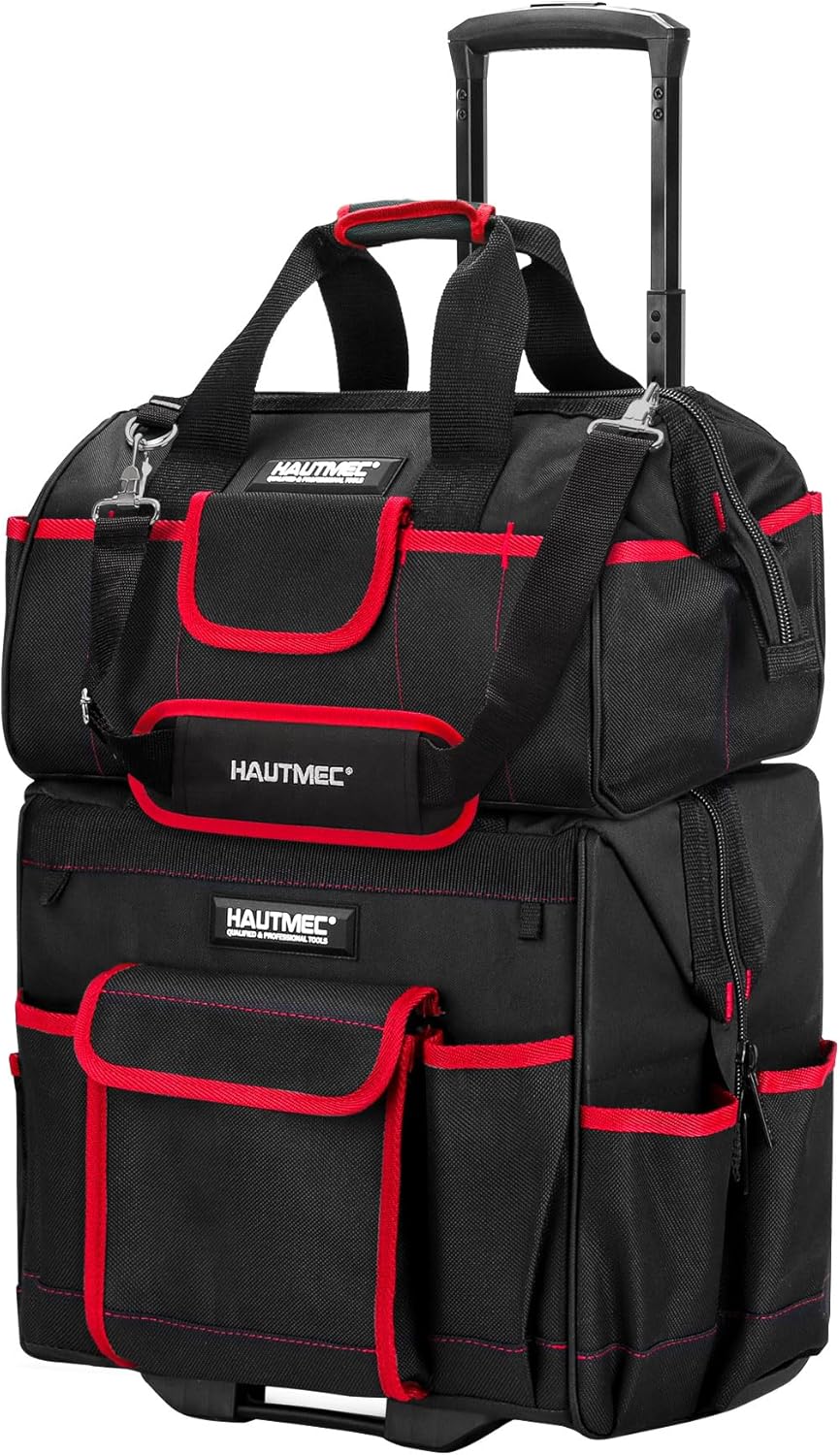 HAUTMEC 2-Piece Rolling Tool Bag Set, 15" Wheeled Tool Bag & Wide Mouth Tool Tote, Heavy-Duty Tool Storage Organizer with Durable Off-Road Wheel, Steel Telescoping Handle & Shoulder Strap – HT0288