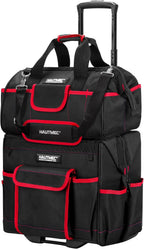 HAUTMEC 2-Piece Rolling Tool Bag Set, 15" Wheeled Tool Bag & Wide Mouth Tool Tote, Heavy-Duty Tool Storage Organizer with Durable Off-Road Wheel, Steel Telescoping Handle & Shoulder Strap – HT0288