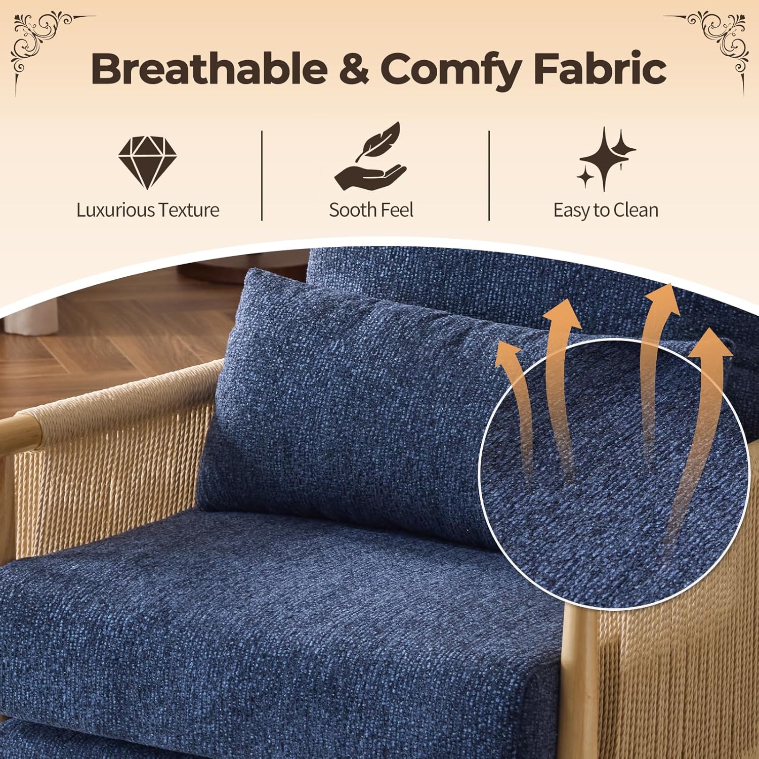 Karl home Cozy Chenille Accent Chair with Lumbar Pillow & Rattan Arms Modern Lounge Chair for Living Room, Bedroom, Reading Nook, Blue