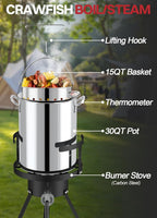 30QT Stainless Steel Turkey Fryer | Seafood & Crawfish Boiler | Basket & Waterptroof Cover Included | 50,000BTU Propane Burner | Outdoor Deep Fryers | Ideal for Frying & Boiling