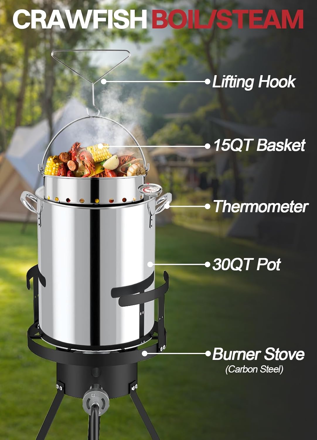 30QT Stainless Steel Turkey Fryer | Seafood & Crawfish Boiler | Basket & Waterptroof Cover Included | 50,000BTU Propane Burner | Outdoor Deep Fryers | Ideal for Frying & Boiling
