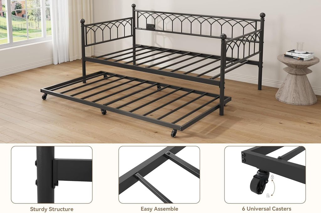 IDEALHOUSE Twin Size Daybed with Trundle, Sofa Bed Frame with Charging Station and LED Lights, Heavy Duty Metal Bed Frame, for Small Spaces, Living Room, Bedroom, Apartment, Black