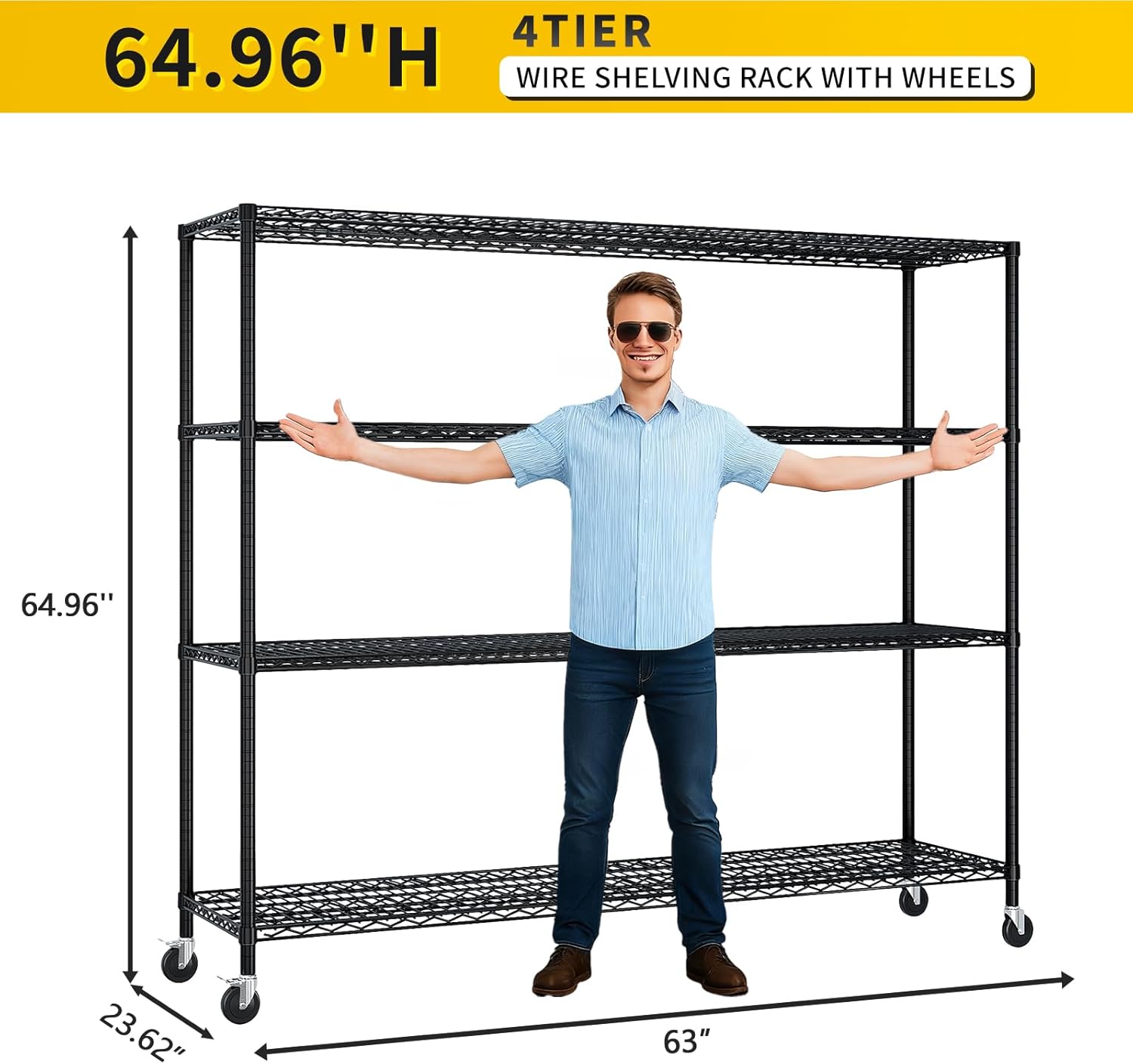 VINGLI 4 Tier Metal Storage Shelves 65''H Wire Shelving with Wheels for Storage Adjustable Heavy Duty Garage Shelving Storage Racks for Pantry Shelves Kitchen Office Garage, 65''H X63''W X23''D