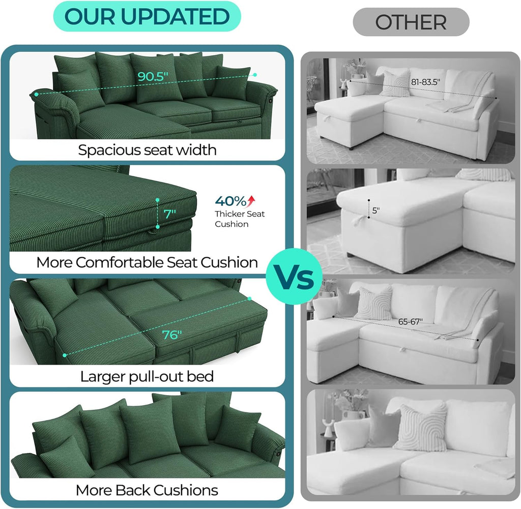 LINSY HOME 90.5'' Sectional Sleeper Sofa with Pull Out Couch Bed Modular (Green, 90.5'') | USB Charging, Pillow-style Armrest, Multiple Cushions, Storage Chaise, Corduroy Fabric