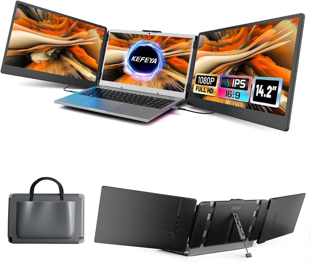KEFEYA Laptop Screen Extender  14.2" Portable Triple Monitor for Laptop with Full HD IPS Display  Monitor Extender Compatible with Mac  Windows  Chrome  Fits 13-17 Inch Laptops