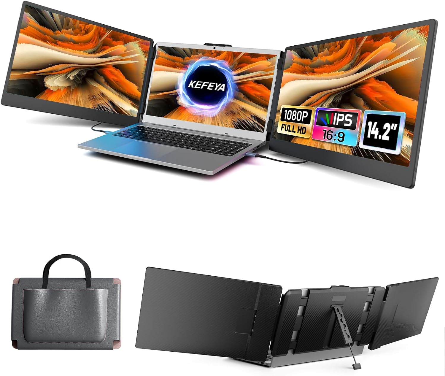 KEFEYA Laptop Screen Extender  14.2" Portable Triple Monitor for Laptop with Full HD IPS Display  Monitor Extender Compatible with Mac  Windows  Chrome  Fits 13-17 Inch Laptops
