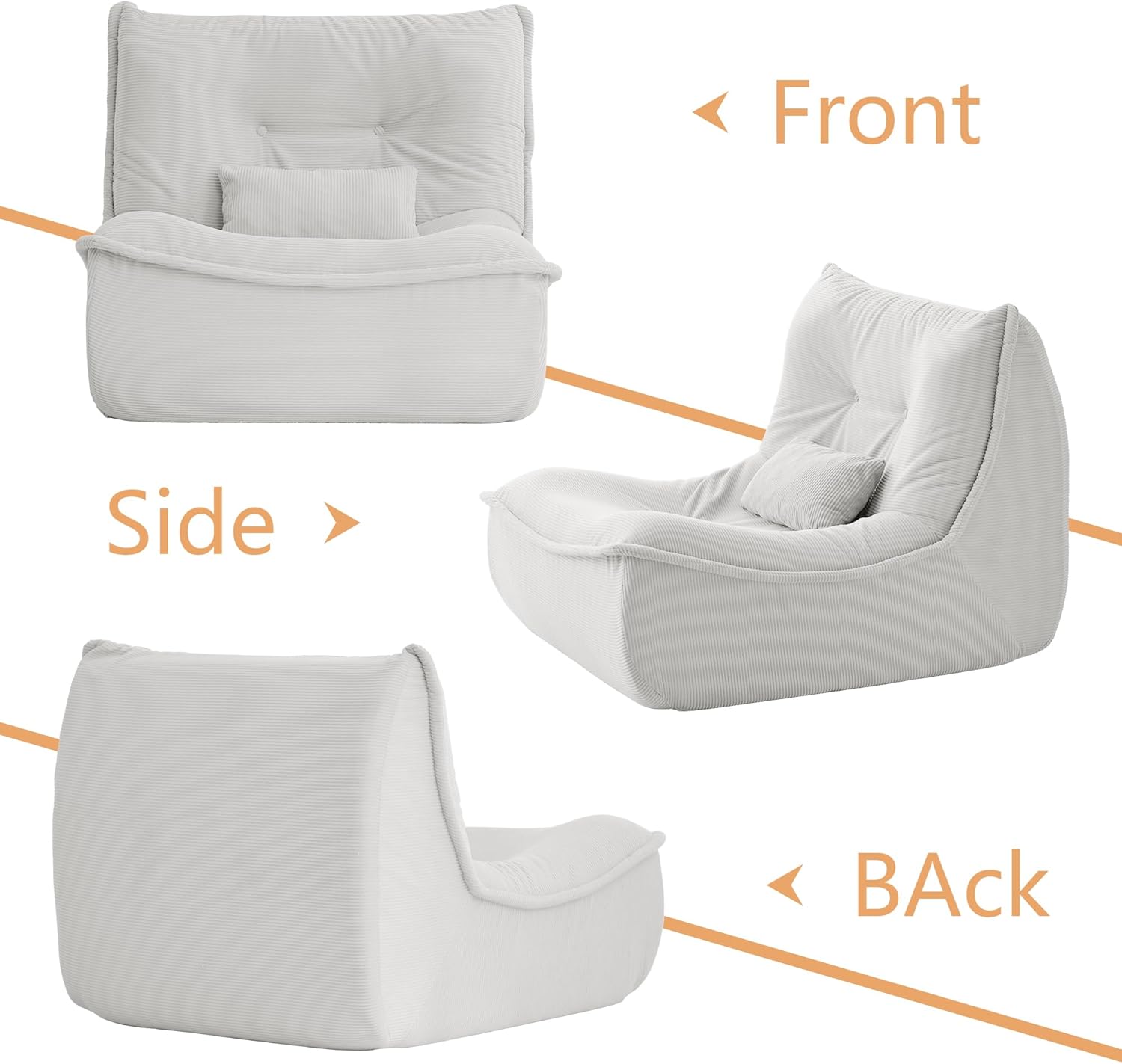 Bean Bag Chair for Adults, Single Lounge Chair with Lumbar Pillow, Comfy Floor Sofa with High-Resilience Foam, Lazy Accent Chair for Living Room, Bedroom, Apartment, Or Reading Corner, White
