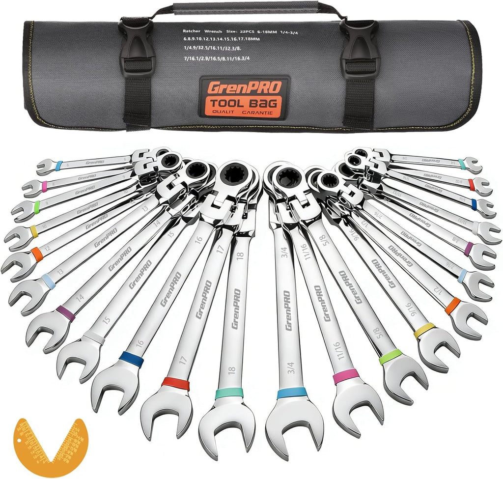 GRENPRO Ratchet Wrenches Set, 23PC Flex Head Ratcheting Wrench Set Metric and Standard & SAE, 6-18mm & 1/4" to 3/4" with Color Ring, CRV Open End Tool Organizer Pouch, Combination Ratchet Wrench Sets