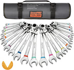 GRENPRO Ratchet Wrenches Set, 23PC Flex Head Ratcheting Wrench Set Metric and Standard & SAE, 6-18mm & 1/4" to 3/4" with Color Ring, CRV Open End Tool Organizer Pouch, Combination Ratchet Wrench Sets