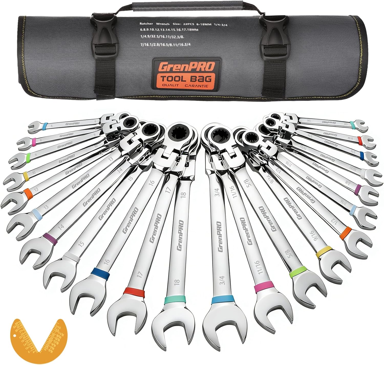 GRENPRO Ratchet Wrenches Set, 23PC Flex Head Ratcheting Wrench Set Metric and Standard & SAE, 6-18mm & 1/4" to 3/4" with Color Ring, CRV Open End Tool Organizer Pouch, Combination Ratchet Wrench Sets