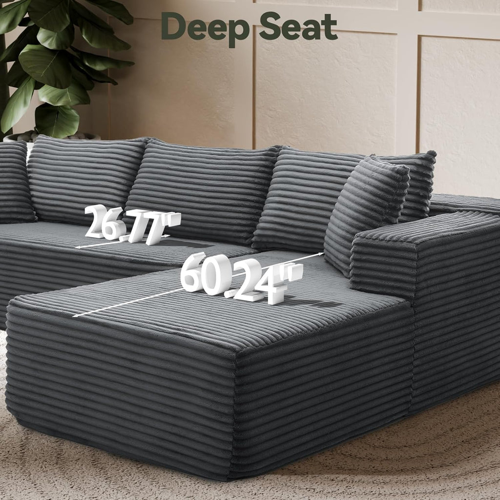 106" Modular Sectional Sofa, Grey Corduroy Cloud Couch with Left Chaise, Deep Seat Boneless Floor Sofa for Living Room, High-Resilience Foam Support, No Assembly Required, Includes Pillows | Sectional Sofa, Corduroy Cloud, Boneless, High-Resilience,