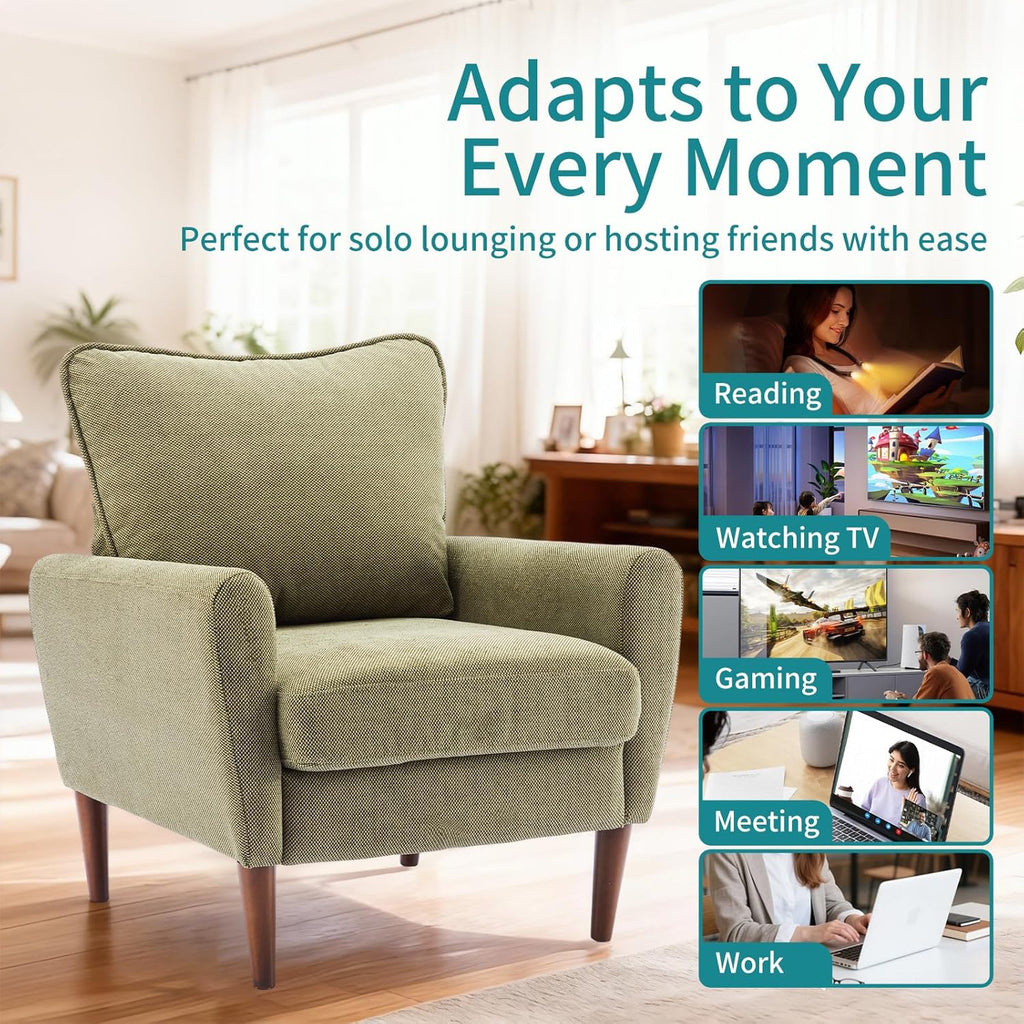 OLIXIS Comfy Accent Chair for Living Room Bedroom and Waiting Room, Upholstered Mid-Century Reading Chair with Pillow and Solid Wood Legs, Wide Singe Modern Lounge Sofa (Green)