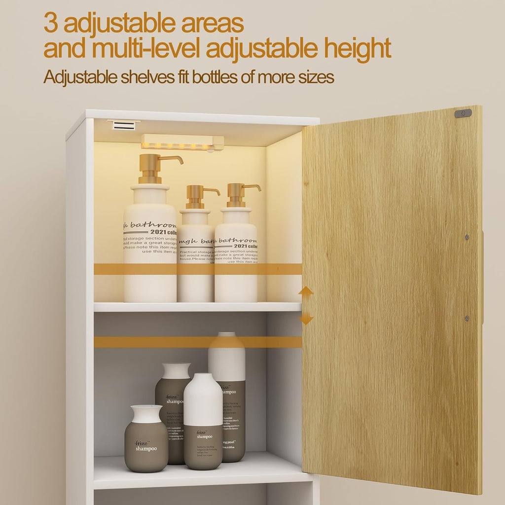Tall Storage Cabinet, 13.15 Inch Narrow Bathroom Cabinet with USB Magnetic Light, Open Shelf, Magnetic Doors, 2 Adjustable Shelves, Anti-Tip Kit for Small Spaces, Living Room, White, 57.1" H