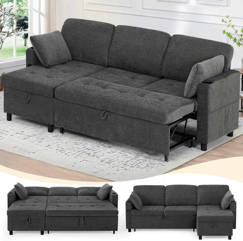 84" L-Shape Pull Out Sofa with 2 Storage Chaise, Fabric Sectional Sleeper Sofa with Adjustable Backrest, Upholstered Reversible Couch Bed with USB Port for Living Room, House, Grey