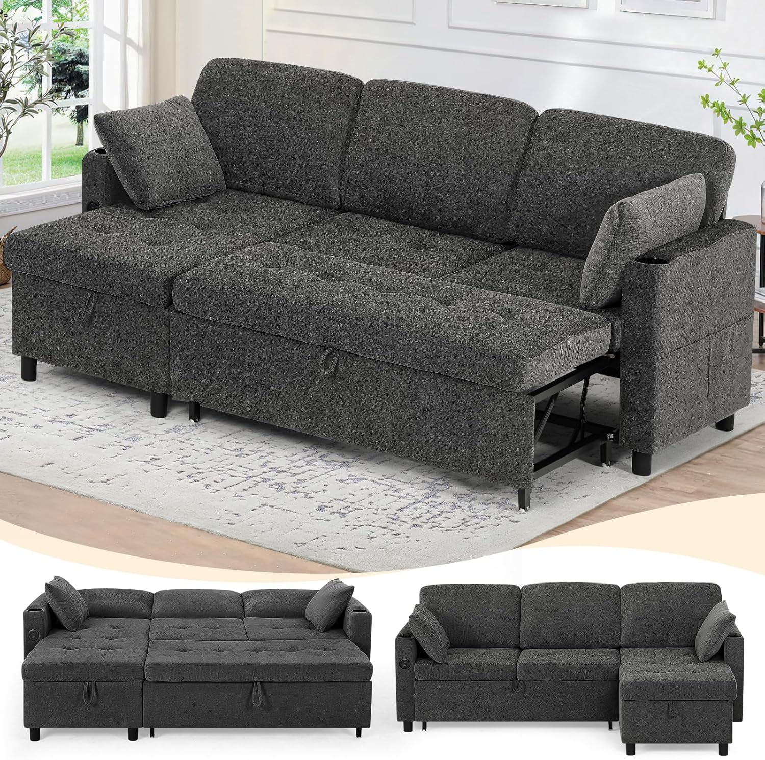 84" L-Shape Pull Out Sofa with 2 Storage Chaise, Fabric Sectional Sleeper Sofa with Adjustable Backrest, Upholstered Reversible Couch Bed with USB Port for Living Room, House, Grey