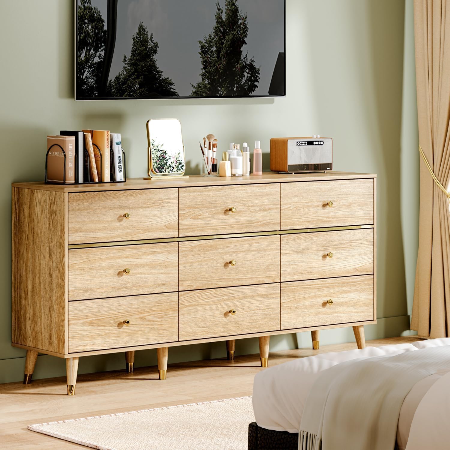 9 Drawer Dresser,63" Wide Mid Century Modern Chest of Drawers,Wooden Bedroom Drawer Dresser with 9 Storage Drawers for Bedroom, Living Room,with Anti-Tipping Device,Natural
