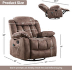 INZOY Rocker Recliner with Heat and Vibration, Manual Swivel Rocking Chair with Vibrating Massage, Comfy Padded Overstuffed Soft Fabric Heated Recliner (Brown)