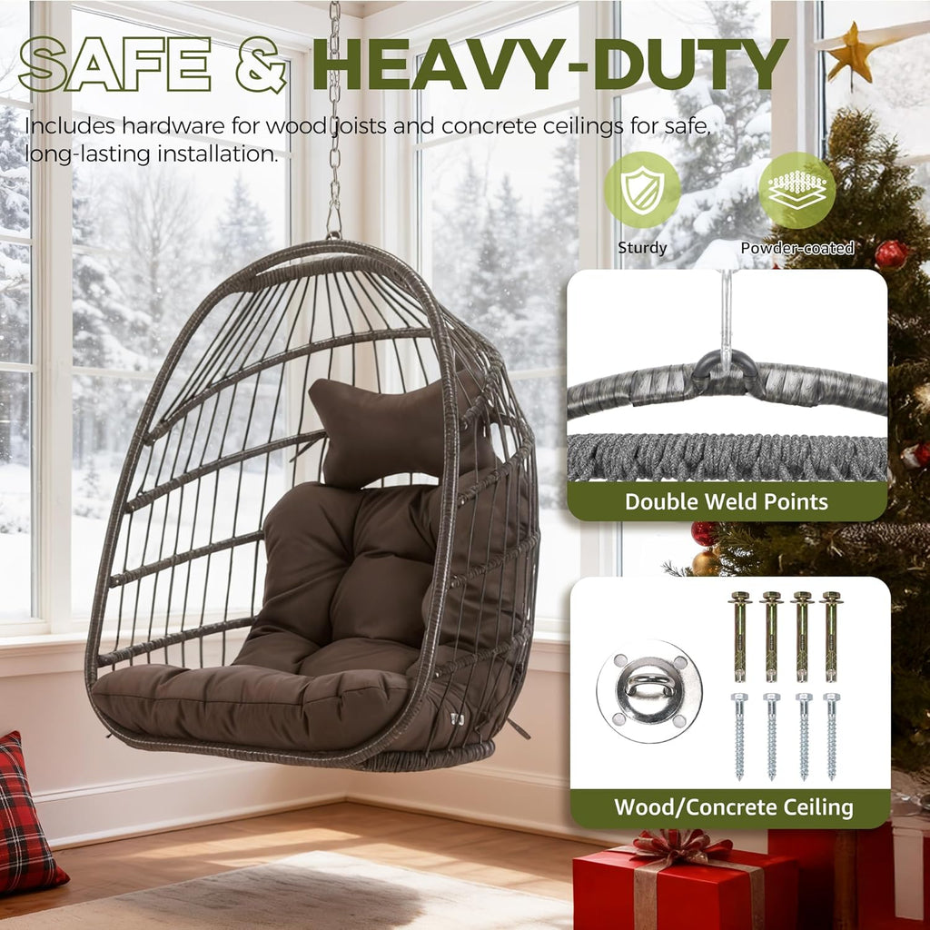 RADIATA Foldable Hanging Egg Swing Chair No Stand, Indoor Outdoor Wicker Basket Chair with Comfy Cushion, 350Lbs Durable Portable Hanging Hammock Seat for Bedroom Patio Porch Balcony, Dark Grey