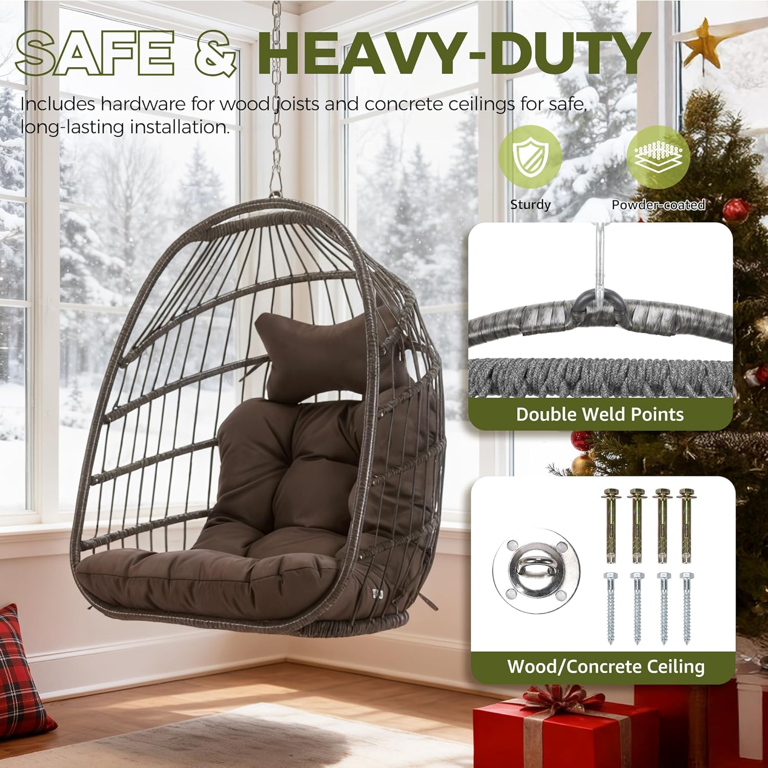 RADIATA Foldable Hanging Egg Swing Chair No Stand, Indoor Outdoor Wicker Basket Chair with Comfy Cushion, 350Lbs Durable Portable Hanging Hammock Seat for Bedroom Patio Porch Balcony, Dark Grey
