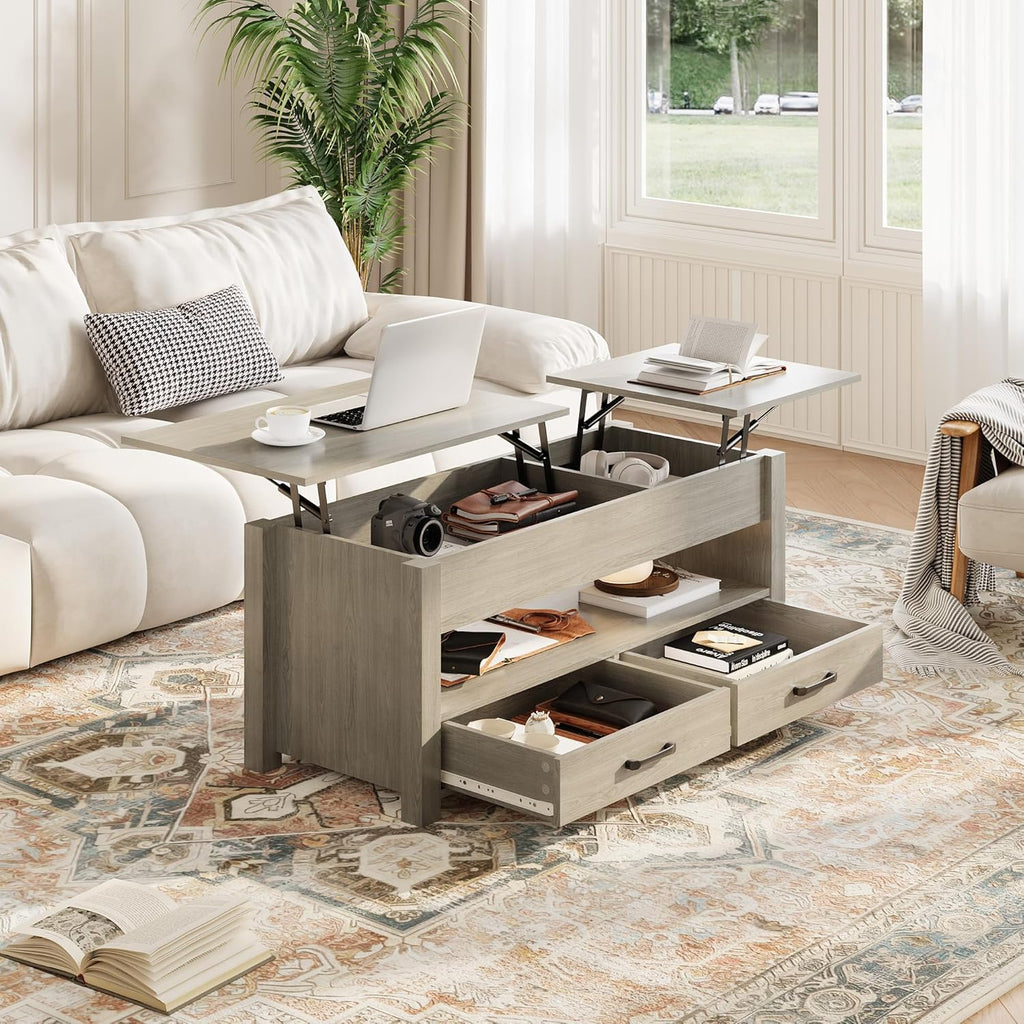 GarveeHome Coffee Table Lift Top, Convertible Coffee Table with Wooden Lift Tabletop, 2 Drawers and Hidden Compartment, Central Table with Storage for Living Room Home Office, Grey