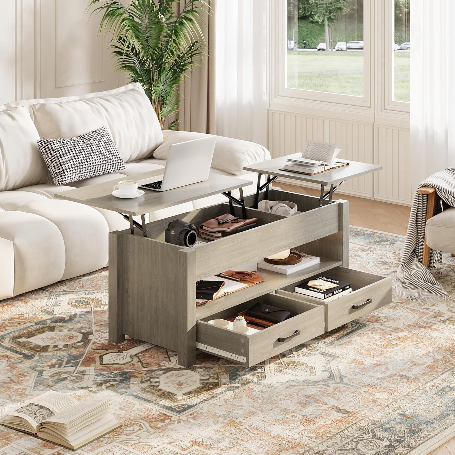 GarveeHome Coffee Table Lift Top, Convertible Coffee Table with Wooden Lift Tabletop, 2 Drawers and Hidden Compartment, Central Table with Storage for Living Room Home Office, Grey