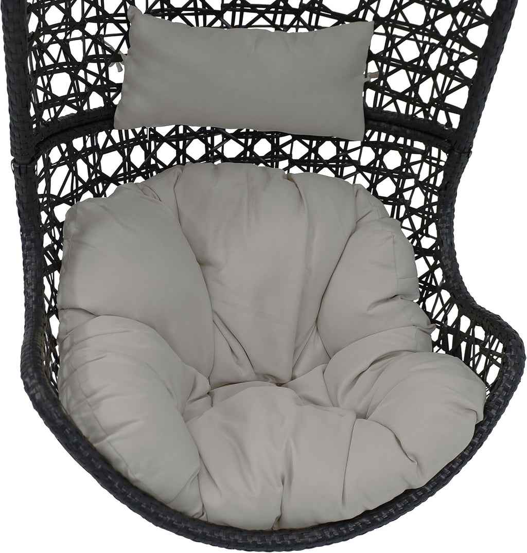 Sunnydaze Cordelia Egg Chair with Cushions -Resin Wicker Hanging Chair with 265-Pound Weight Capacity - Hanging Swing Includes Gray Polyester Cushion and Headrest