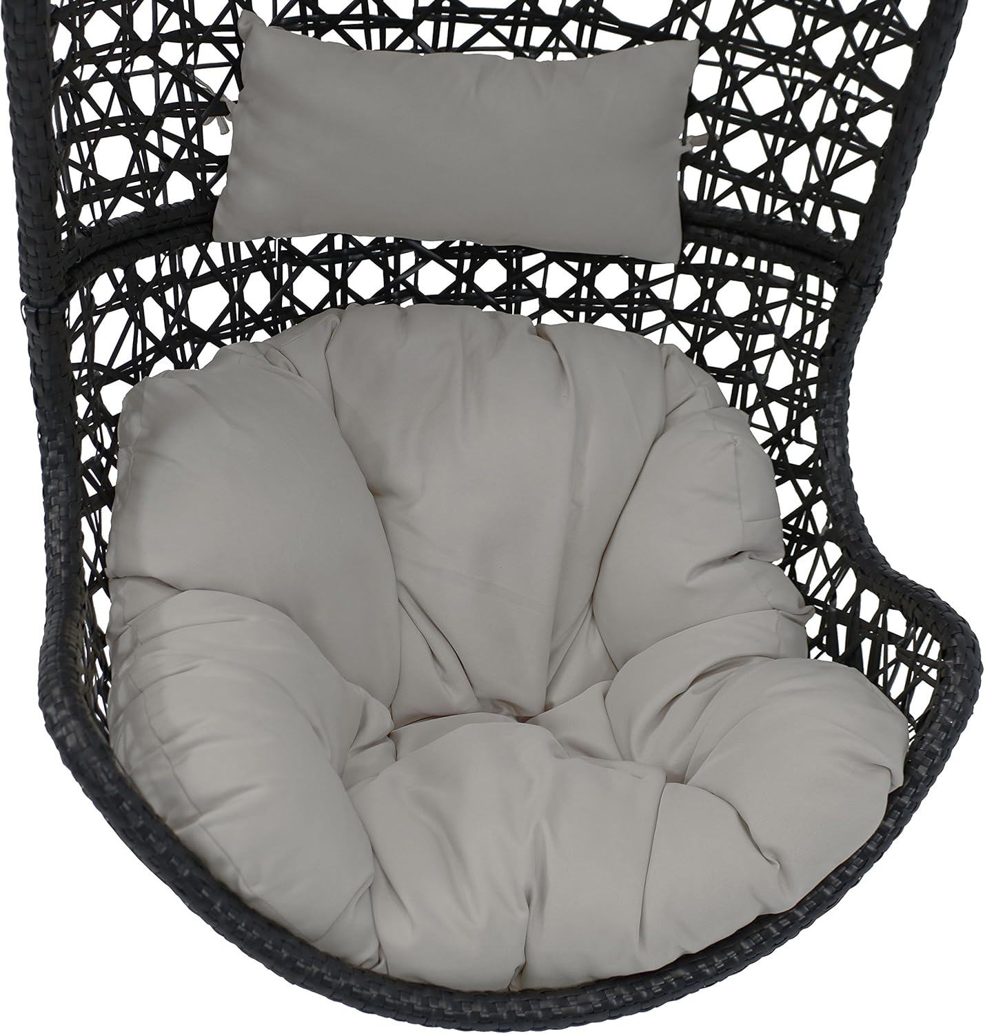 Sunnydaze Cordelia Egg Chair with Cushions -Resin Wicker Hanging Chair with 265-Pound Weight Capacity - Hanging Swing Includes Gray Polyester Cushion and Headrest
