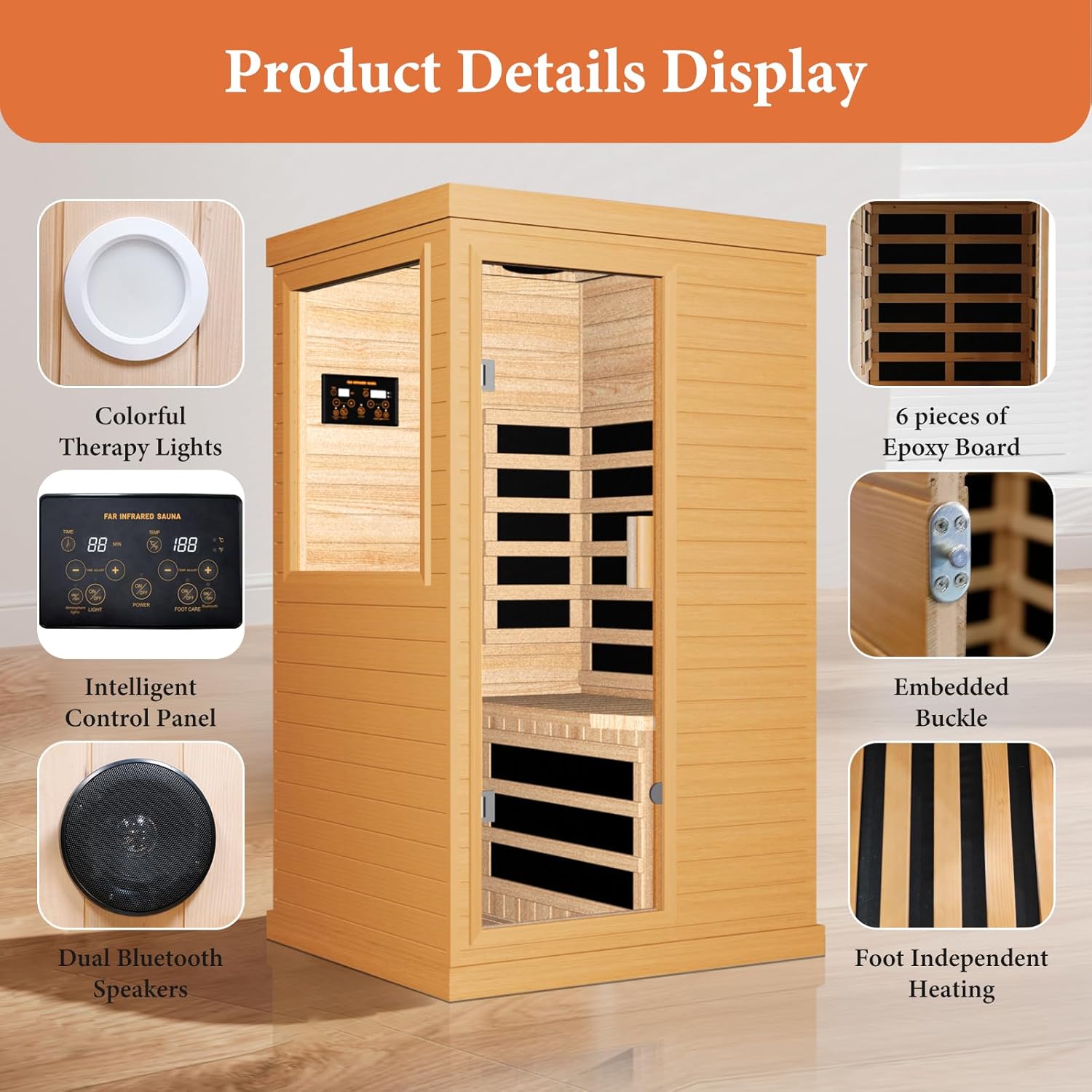 Far Infrared Sauna Home Sauna Spa Room Canadian Hemlock Wood 1200W Indoor Saunas Low EMF 110V with 7 Color Light and Tempered Glass Door  Room: 35.2 * 27.6 * 61.6Inch