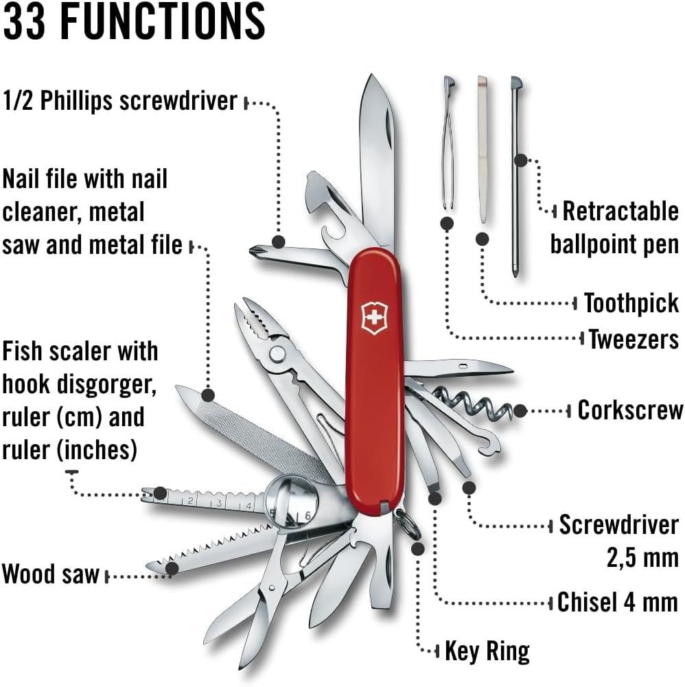 Victorinox Swiss Champ Swiss Army Knife, 33 Functions, Swiss Made Pocket Knife with Large Blade, Screwdriver, Chisel and Combination Pliers - Red